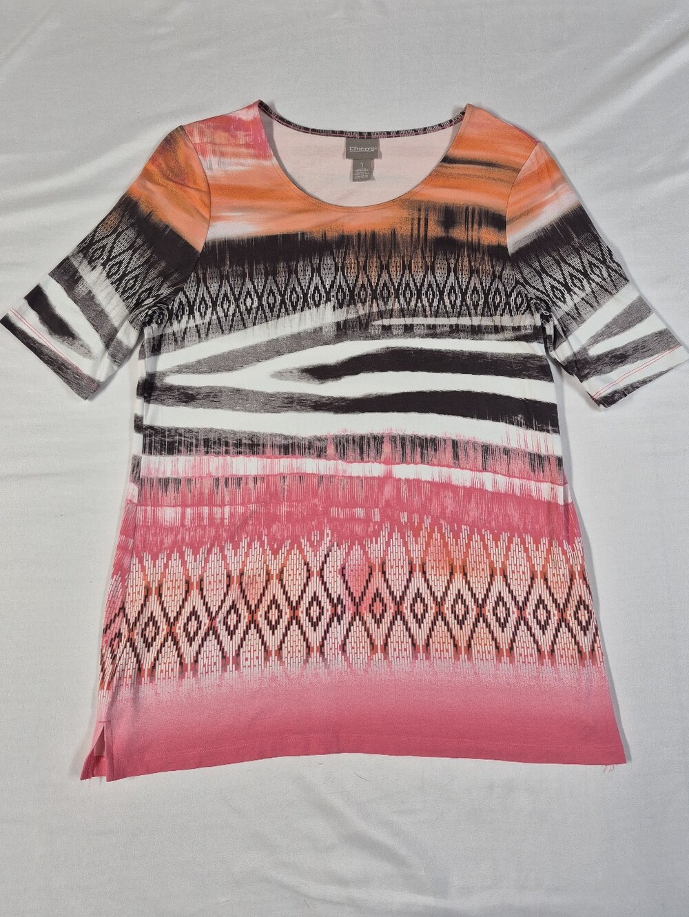 Chico's Tribal Geo Scoop Neck Knit Top Shirt Women Size M Pink Orange Boho